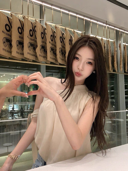 25Oct. 純欲杏茶斜肩女神雪紡上衣 短款