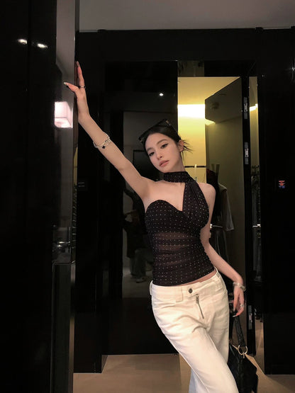 25Aug. 疊影織夢帶胸墊繞頸波點背心 黑