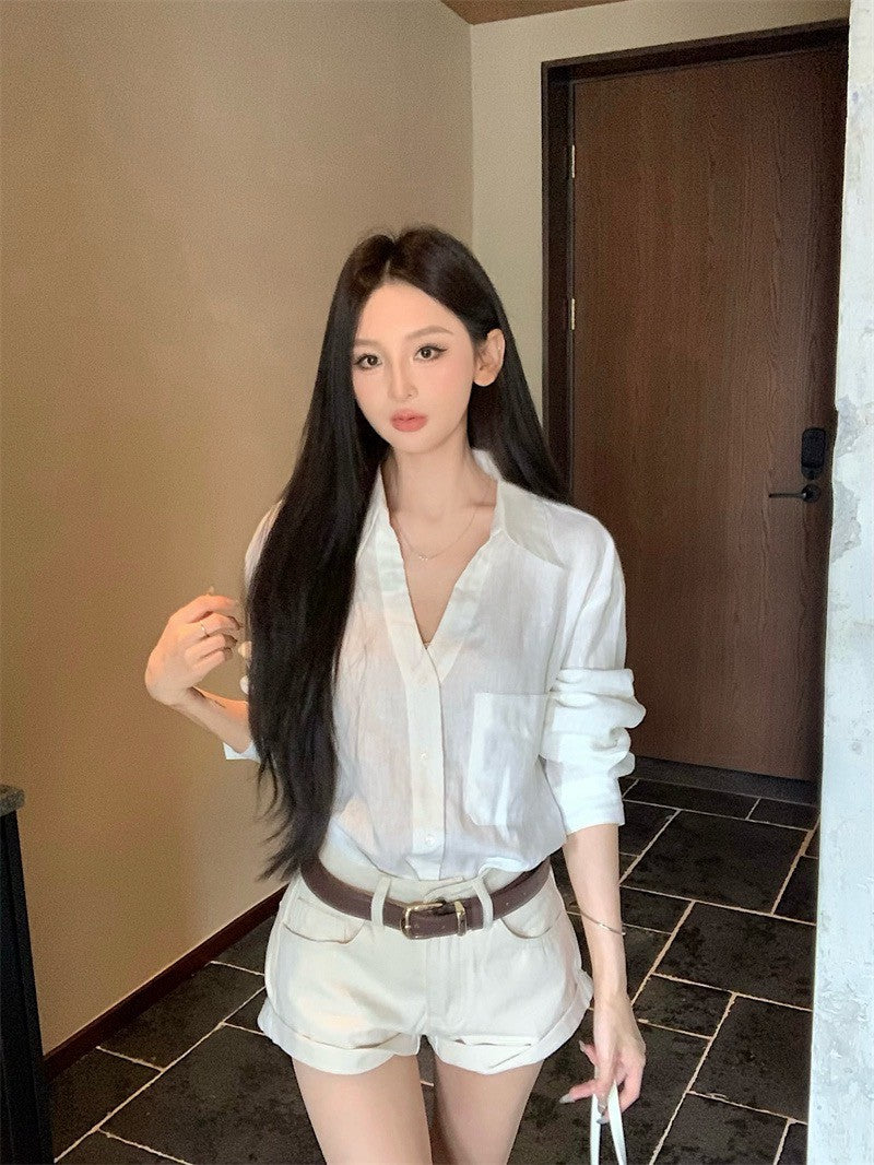 25Aug. LUP休閒王牌亞麻襯衫 翻摺休閒短褲 米白色系