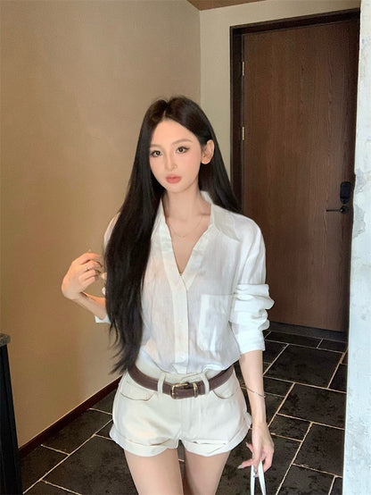 25Aug. LUP休閒王牌亞麻襯衫 翻摺休閒短褲 米白色系