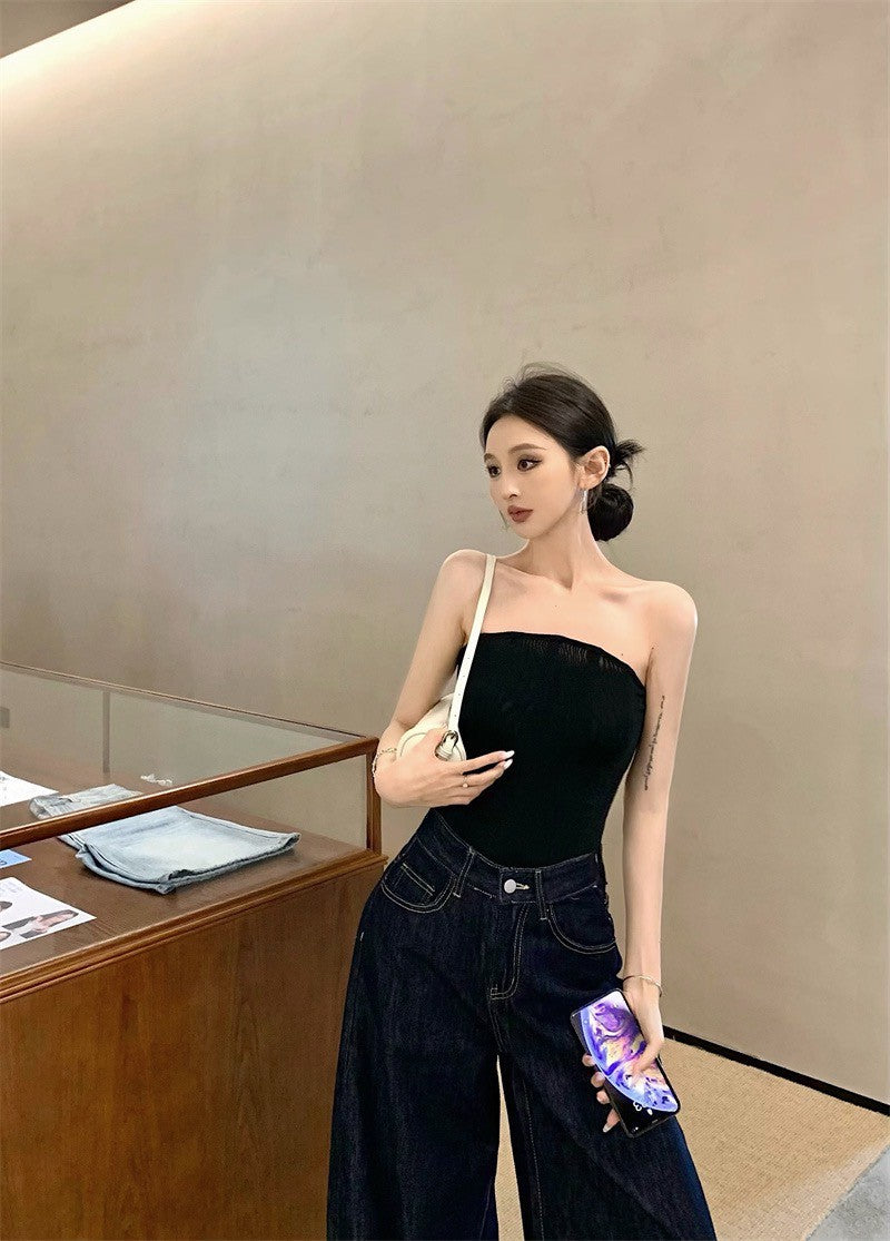 Jun. 古典攻略 魚骨曲線修身抹胸 黑 遮胯寬顯瘦高腰牛仔褲