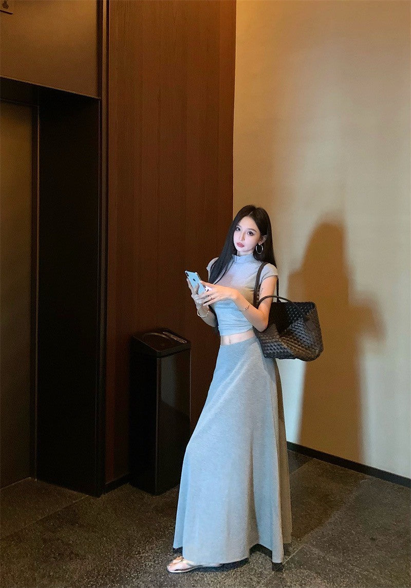 Jun. 簡約歐美 基礎色正肩彈力上衣傘狀半身裙套裝 灰