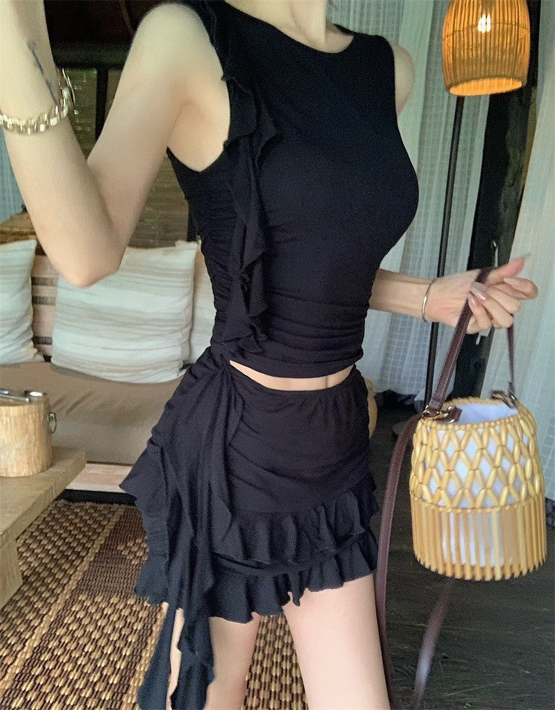 May. 歐美俏皮妞 垂墜荷葉背心半身裙套裝 黑