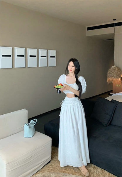 25Jul. 法式初戀小白花泡泡半身裙套裝 白