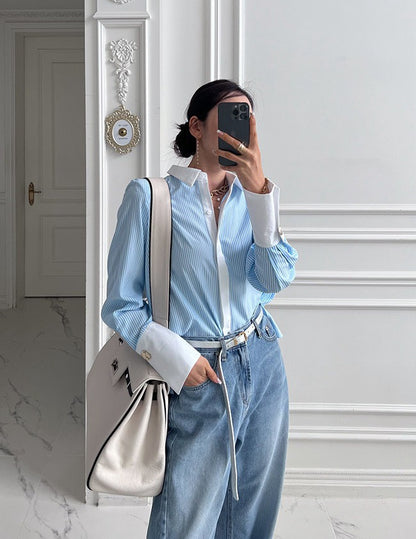 25Sep. 東大門經典撞色包邊修身條紋襯衫 粉/藍/黑