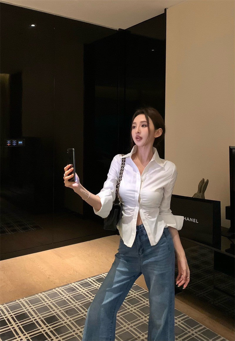 May. 簡約輕奢感 V領抓皺收腰襯衫 白