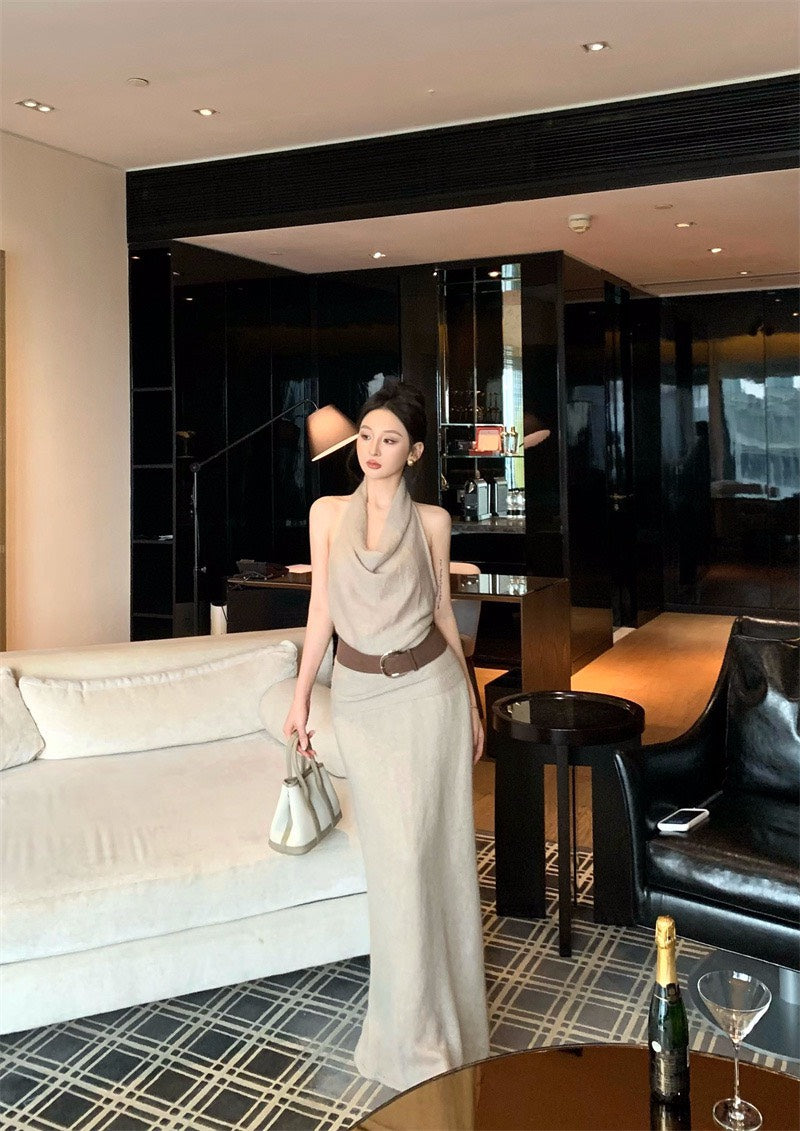 25Nov. 氣質出眾兩穿蘯領挖背針織半身裙套裝 卡