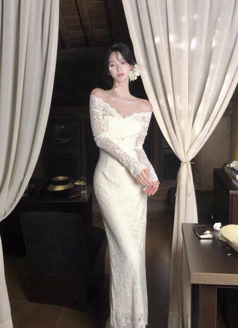 26Apr. 優雅媚娘 氣質蕾絲一字領連衣裙 杏