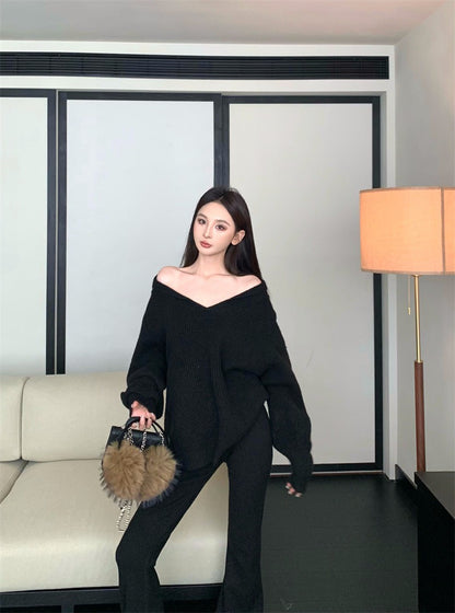 25Nov. 慵懶配套V小翻領針織休閒褲套裝 白/黑