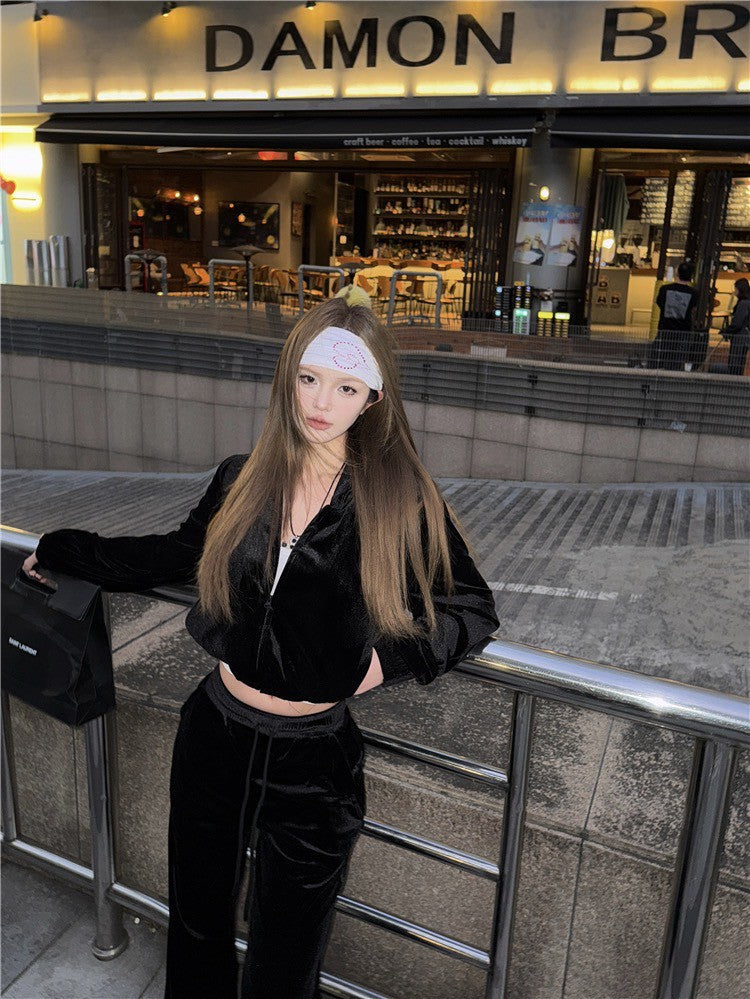 May. 復古disco 休閒黑色絲絨連帽外套 微喇叭休閒褲