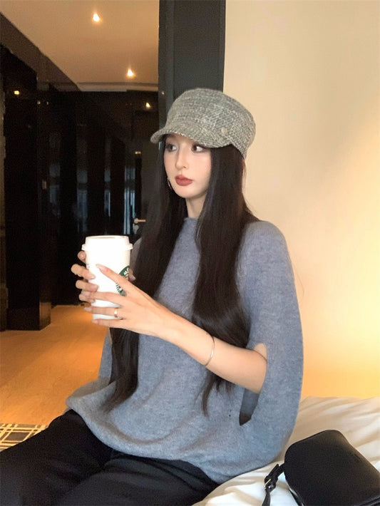 25Nov. 輕盈羊絨法式斗篷針織慵懶上衣 灰/咖