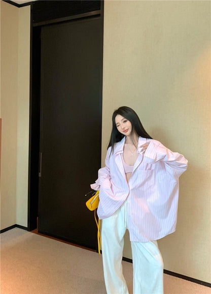 Jun. 粉嫩淡顏 寬鬆通勤條紋襯衫 100萦麻休閒褲