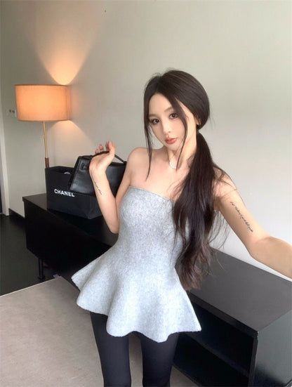 25Nov. 曲線奧斯氣質針織花瓣抹胸 灰