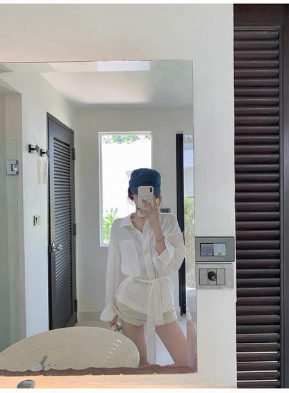 26May. 智感老錢 慵懶棉麻繫帶襯衫 白/卡其