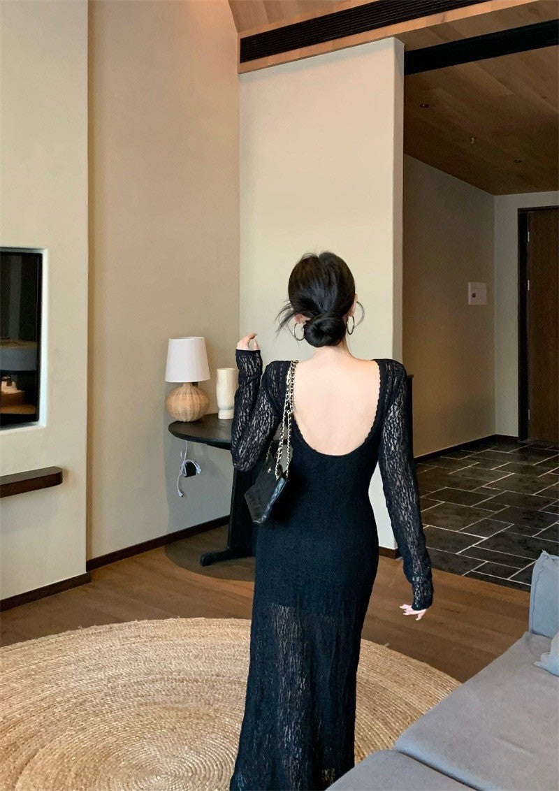 May. Backless dress歐美透視感疊穿連身裙（含內搭）黑