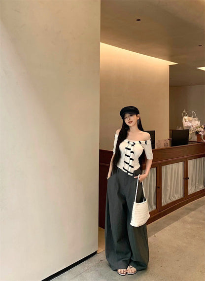 Jun. 時髦穿 針織綁帶一字領上衣 高腰灰色闊腿褲