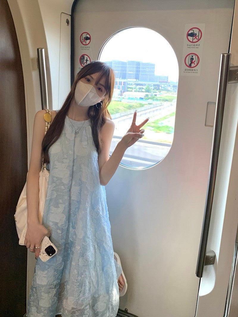 Aug. 飄逸仙女 刺繡花天空藍雪片連身裙