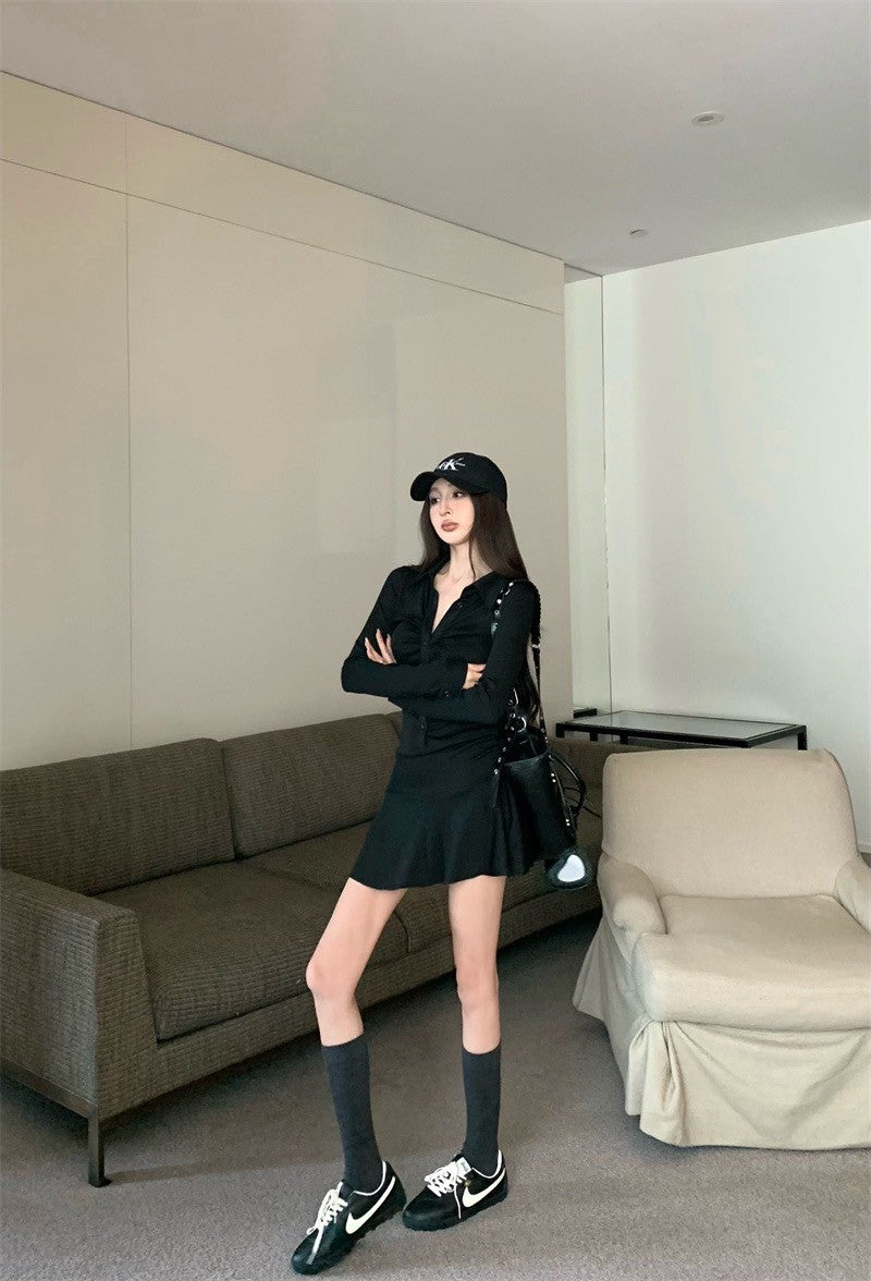 25Jul. 休閒黑色系褶皺襯衫拼接連身裙