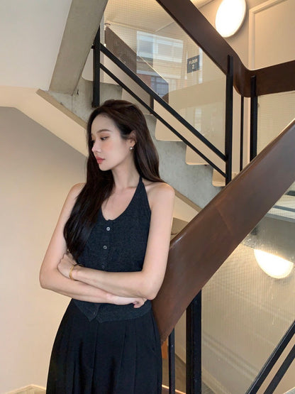 Oct. 友好疊穿 針織排扣後背挖空背心 灰