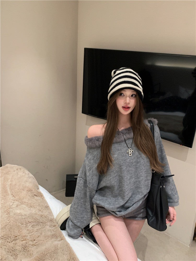 Mar. 月光華爾滋 毛毛香肩斜領針織短褲套裝 灰