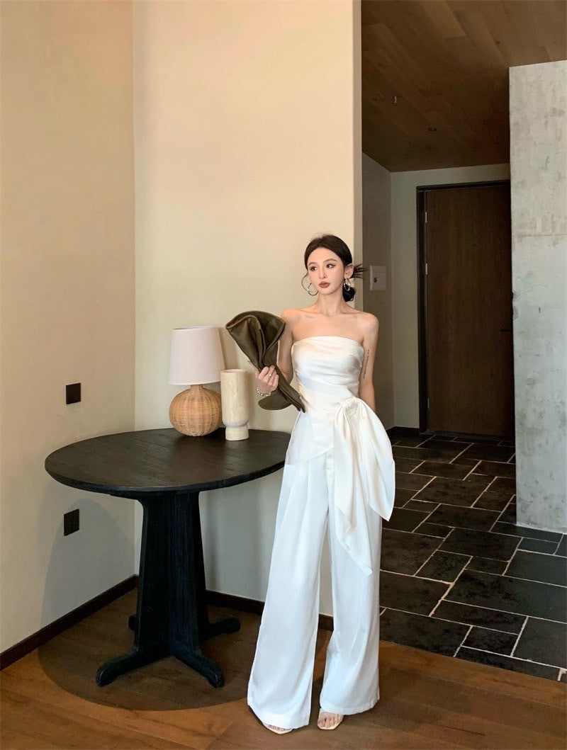 May. 米蘭假期 優雅可拆絲帶抹胸 休閒闊腿褲 白