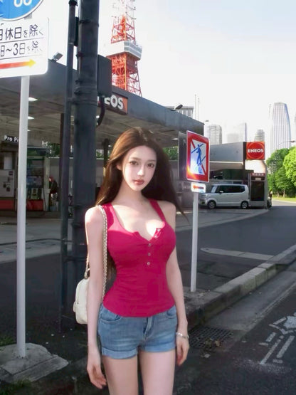 26Jun. 美式亨利 辣妹鈕扣U領背心 桃粉/黑