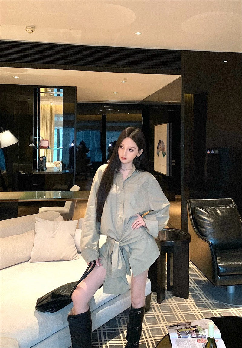 25Nov. 愛逗私服慵懶個性繫帶式襯衫裙 卡其