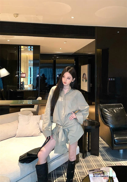 25Nov. 愛逗私服慵懶個性繫帶式襯衫裙 卡其