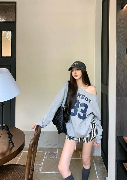 25Jul. 日常鬆弛感斜肩撞色字母衛衣 灰