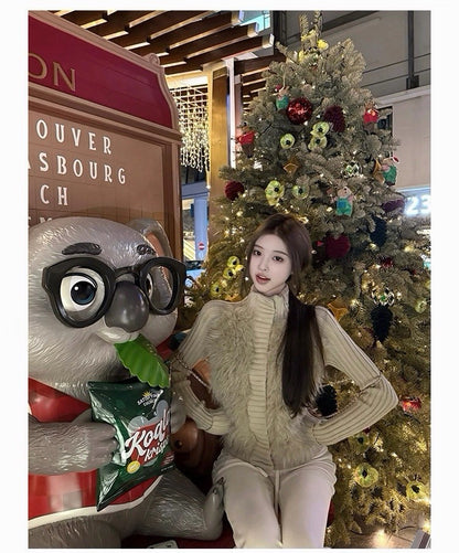 26Jan. 韓系閨女 貴氣毛毛拼接重工針織外套 灰/杏