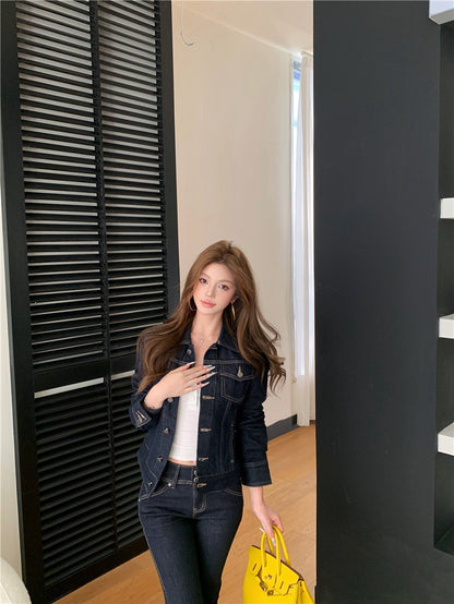 25Nov. 陳腔藍調 韓女修身原色牛仔中腰褲 修飾比例外套