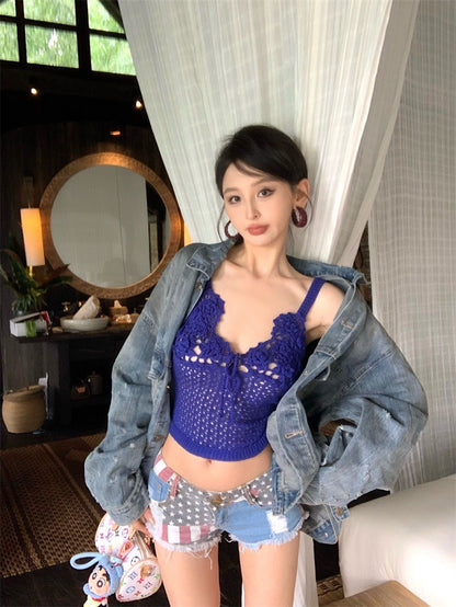 Jun. 島嶼渡假粗鈎織花背心 杏/藍