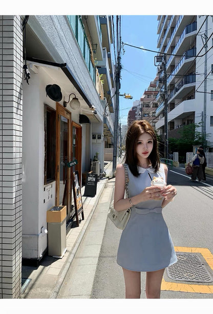 26Jul. 溫沙小姐TR斜紋收腰娃娃領背心裙 杏/藍