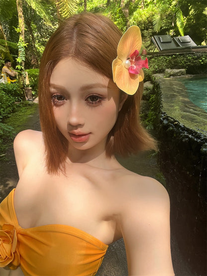 25Oct. 泰蘭德度假 多穿縷空針織連身裙/花朵比基尼套裝 黃