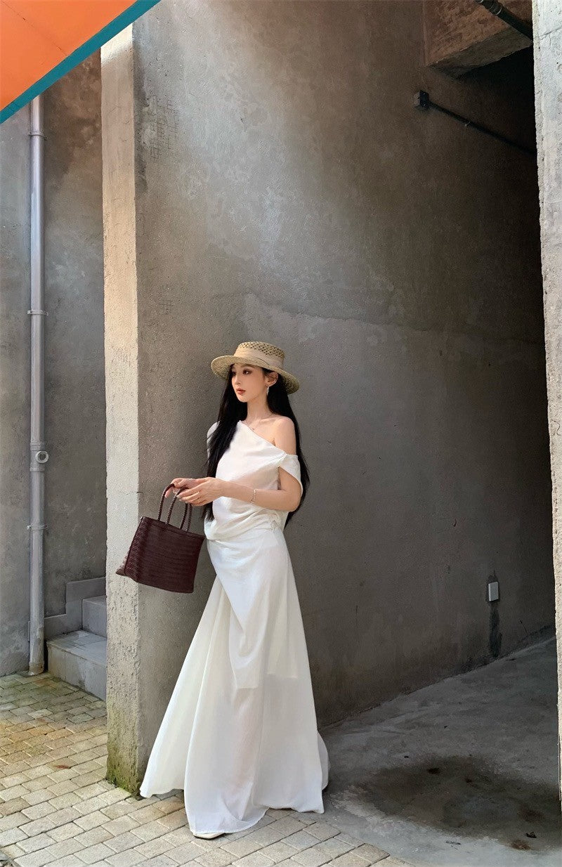 25Aug. 設計師款高雅斜肩上衣不規則剪裁裙套裝