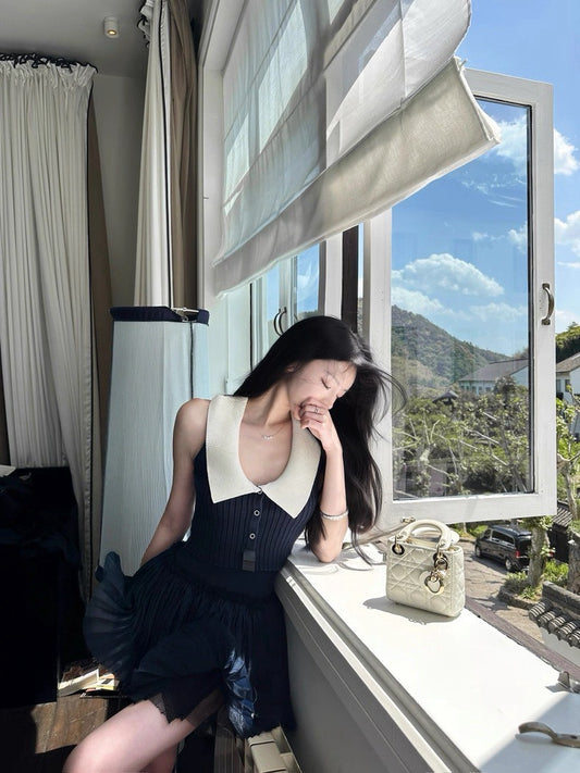 25Aug. 文藝復興Lu家高訂秀款撞色低領針織背心網紗半身裙套裝