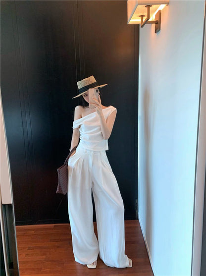 25Jul. 渡假老錢 新款清甜系斜肩褶皺上衣長褲套裝