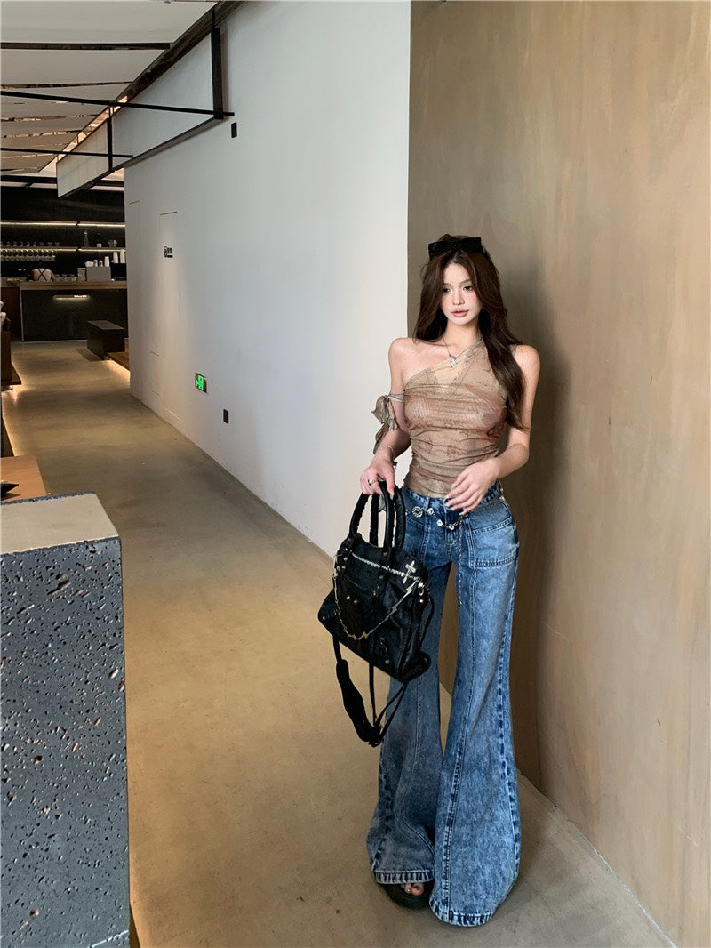 Jun. 復古回歸千禧美式網紗上衣 立體分割水洗喇叭牛仔褲