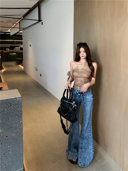 Jun. 復古回歸千禧美式網紗上衣 立體分割水洗喇叭牛仔褲