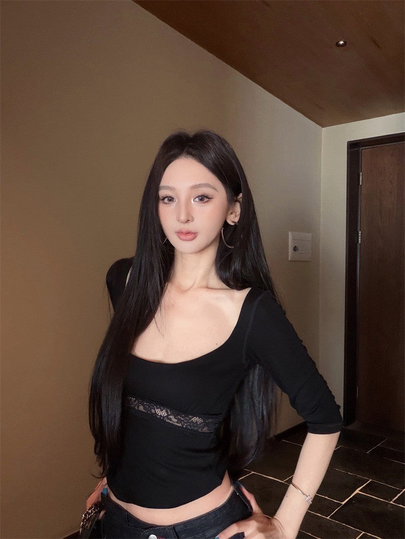 26Jun. 少女分割 蕾絲純慾拼接U領上衣 奶杏/黑