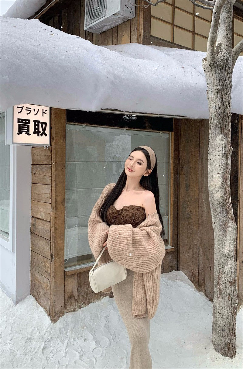 26Feb. 熱銷基礎粗針泡泡袖針織外套 杏白/深卡