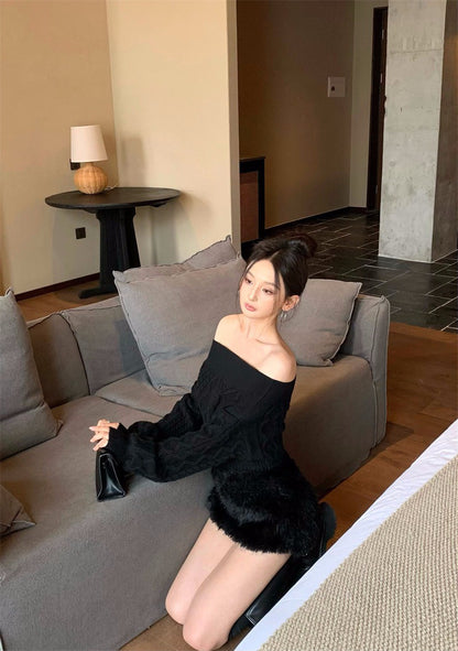 26Jan.精緻姐姐兩穿高彈麻花針織上衣 辣妹毛毛褲裙 黑