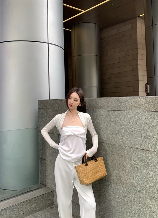 25Jul. 休閒生活 純色三色選簡約抹胸修身開襟 抽繩休閒褲 白/灰