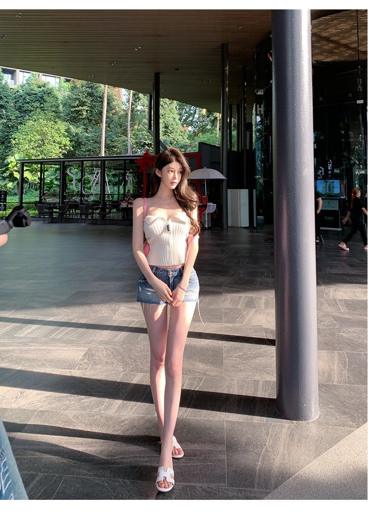 Mar. 純欲神器 拉鏈調節抹胸針織 杏白