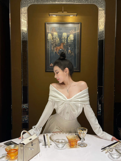 Mar. 絕美宴會 蝴蝶結一字領排扣兩穿上衣 杏