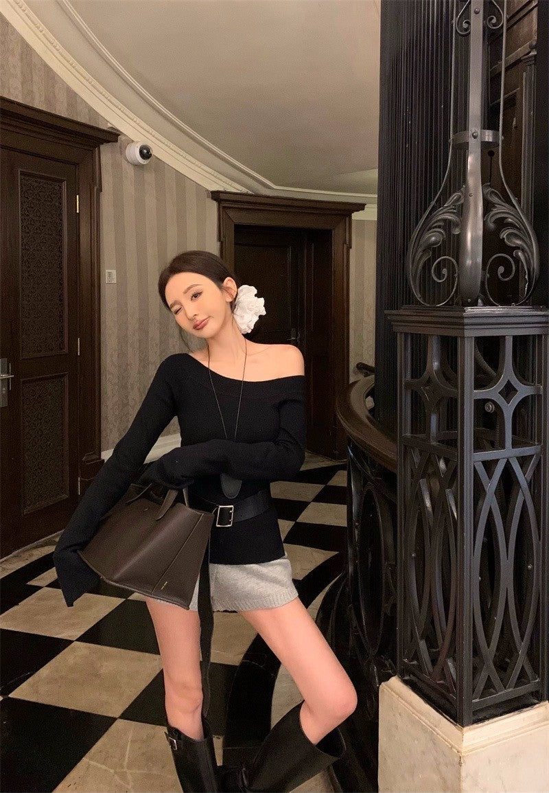 Mar. 美式墜愛 氣質修身斜領針織上衣 黑