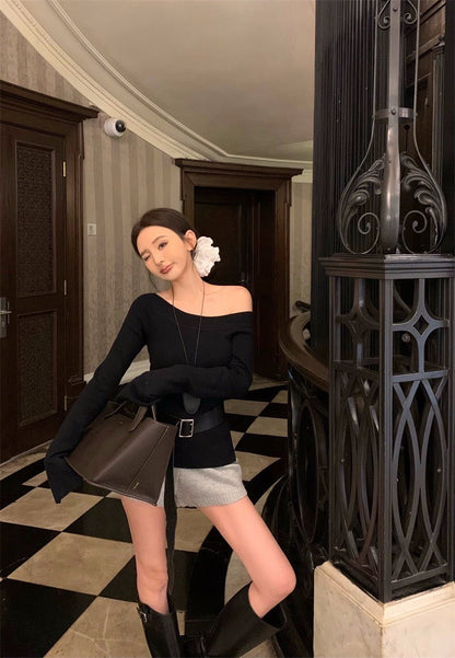 Mar. 美式墜愛 氣質修身斜領針織上衣 黑