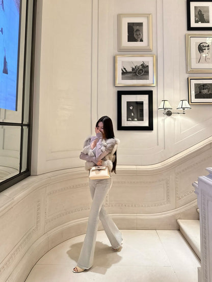 26Jan. 灰藍特殊定染修身高腰喇叭褲