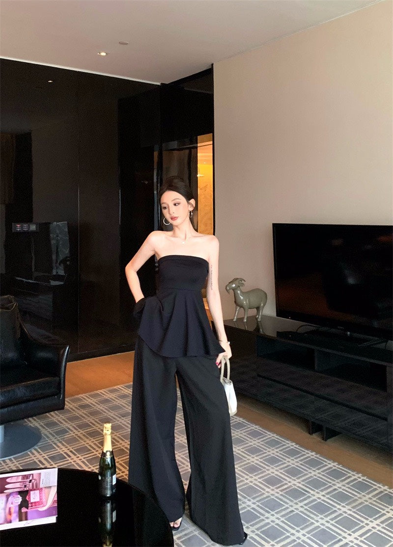 25Nov. 法式輕奢感收腰抹胸 高腰闊腿褲 黑