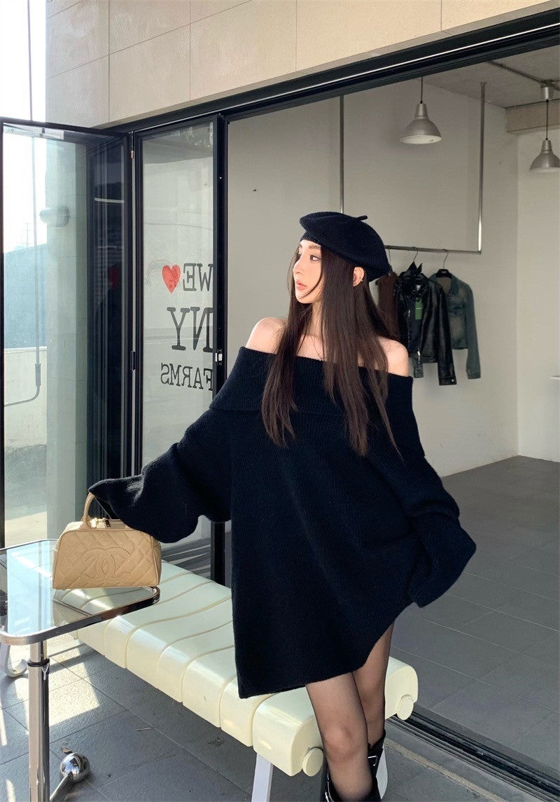 Oct. 簡約一字領針織長版毛衣 黑